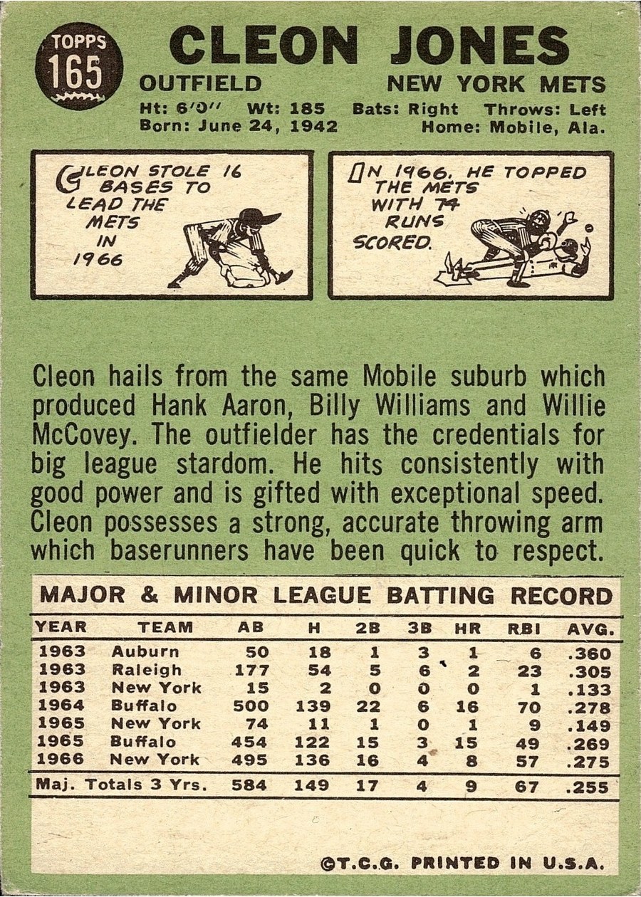 1967 Topps #165 Cleon Jones card back