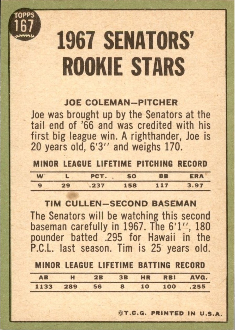 1967 Topps #167 Senators 1967 Rookie Stars card back