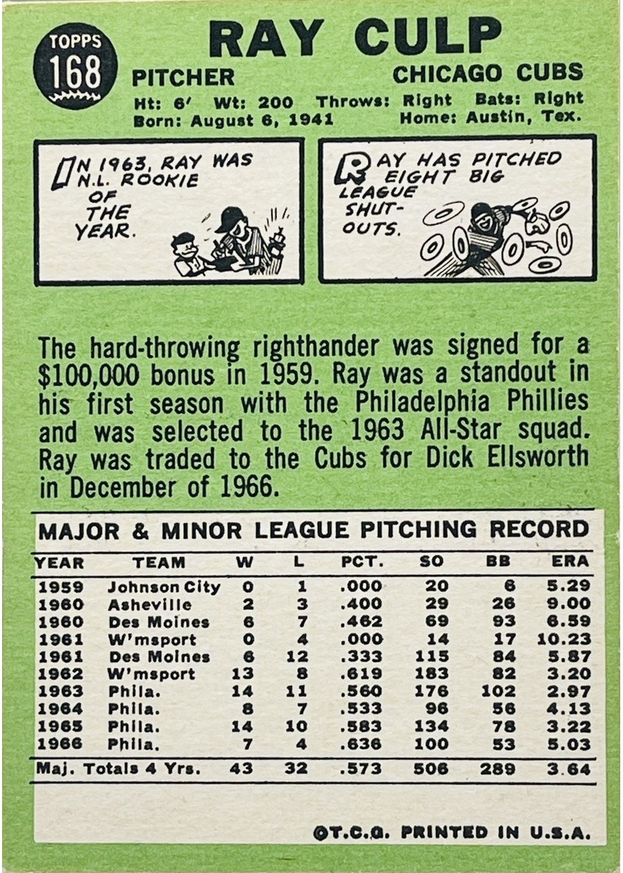 1967 Topps #168 Ray Culp card back