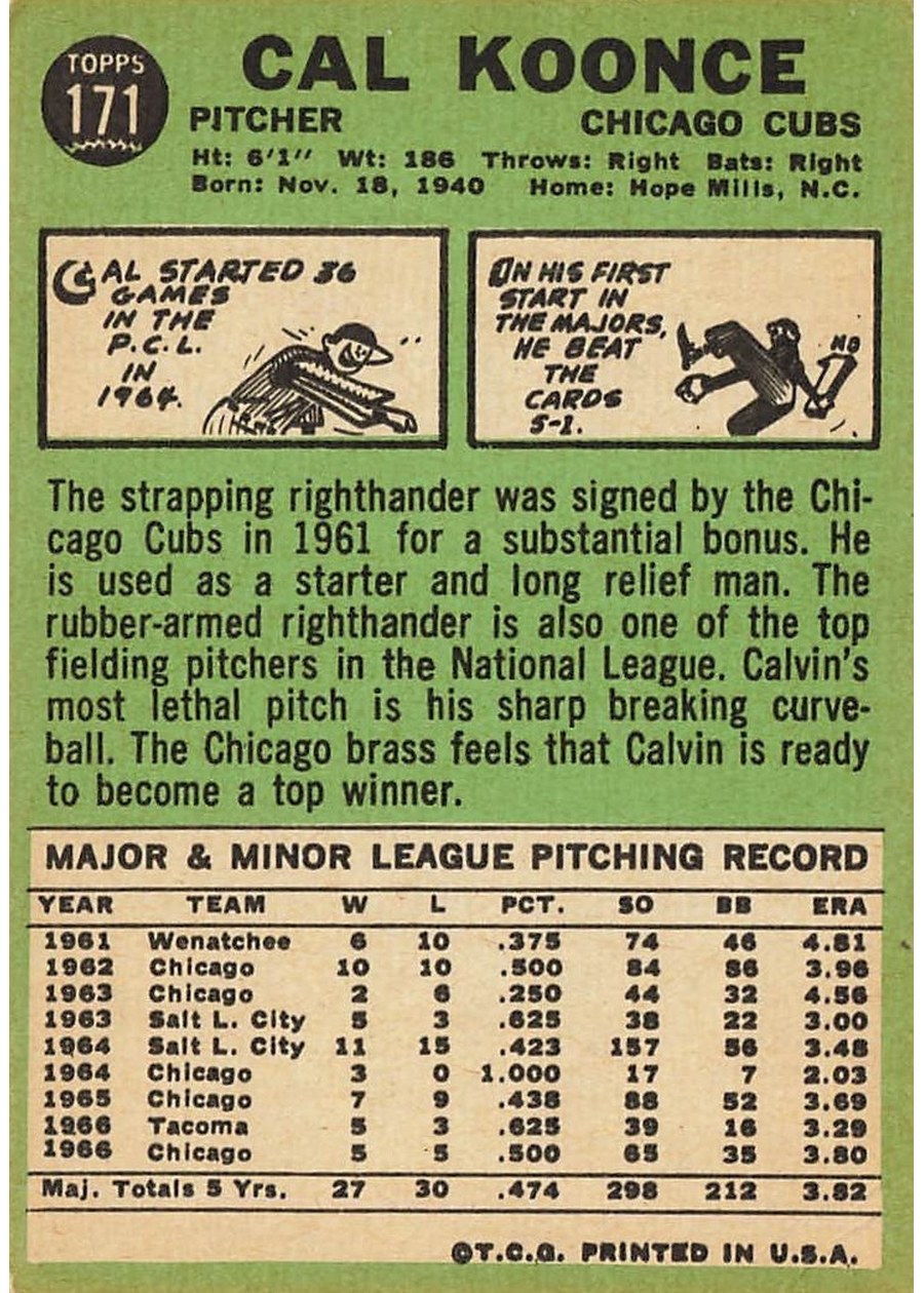 1967 Topps #171 Calvin Koonce card back