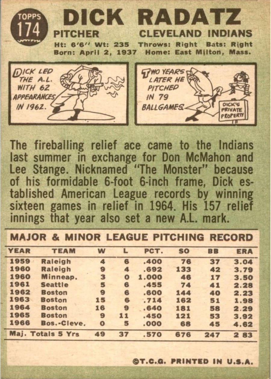 1967 Topps #174 Dick Radatz card back