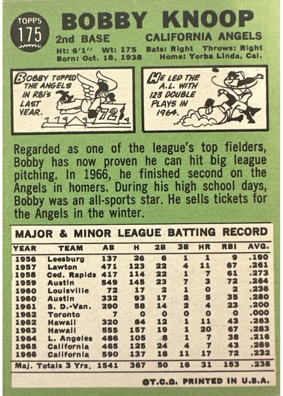 1967 Topps #175 Bobby Knoop card back