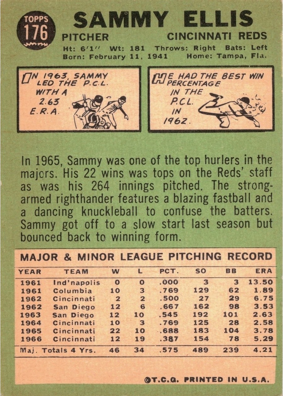 1967 Topps #176 Sammy Ellis card back