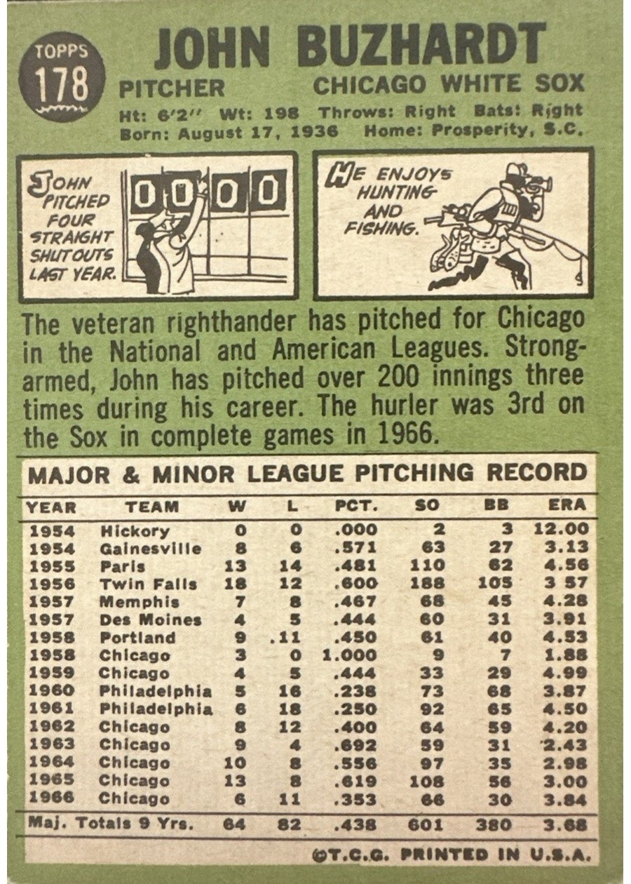 1967 Topps #178 John Buzhardt card back