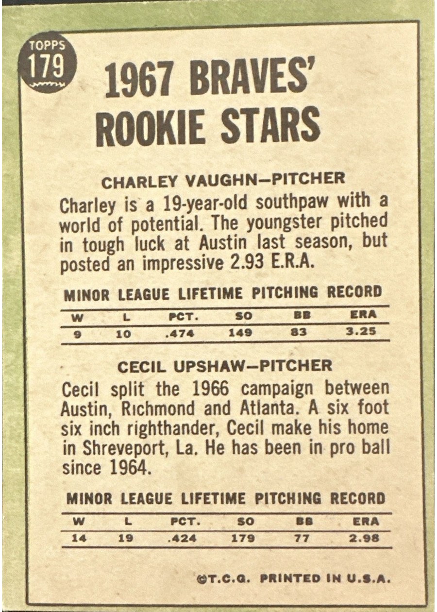 1967 Topps #179 Braves 1967 Rookie Stars card back