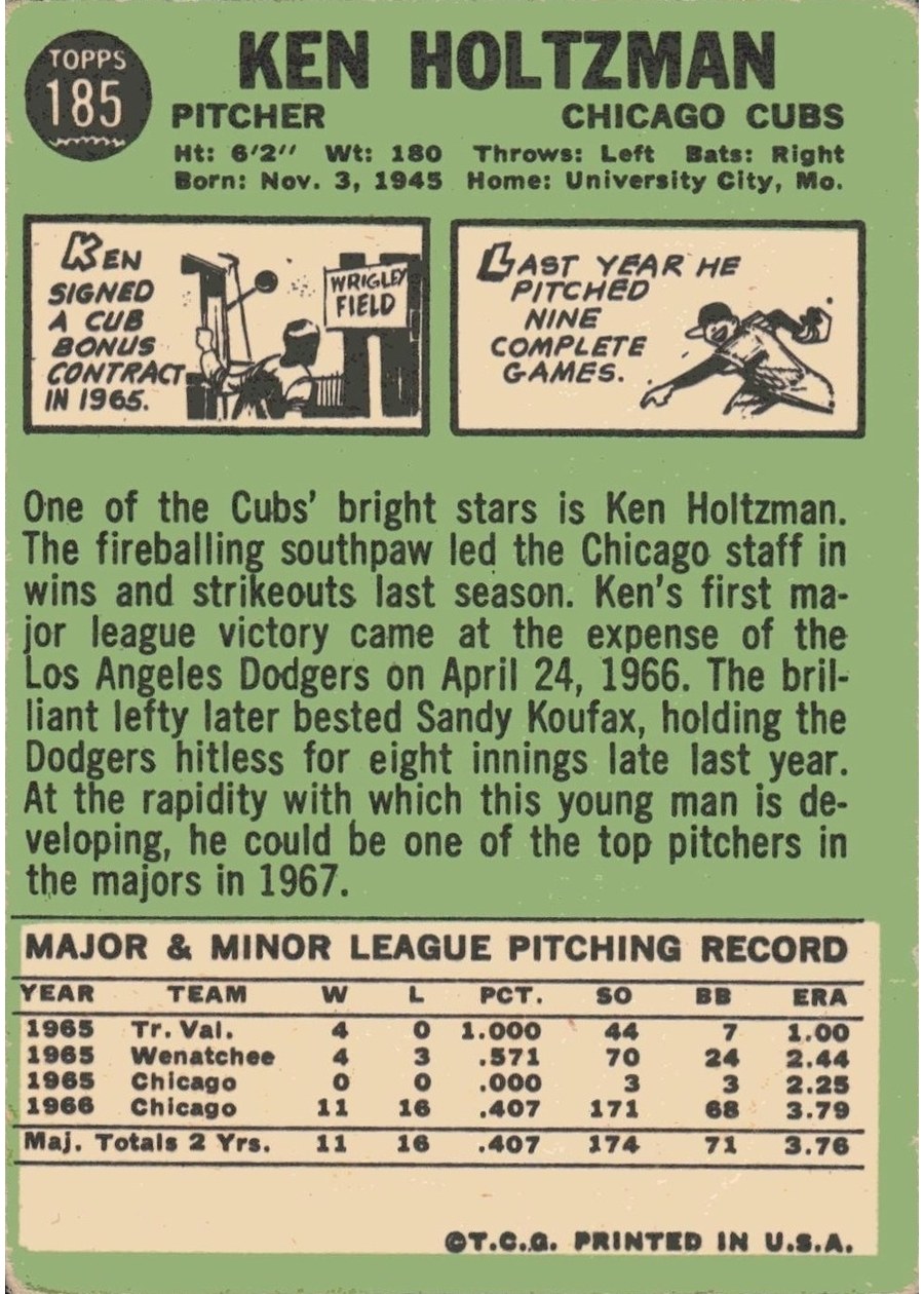 1967 Topps #185 Ken Holtzman card back