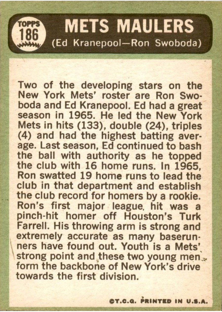 1967 Topps #186 Mets Maulers card back