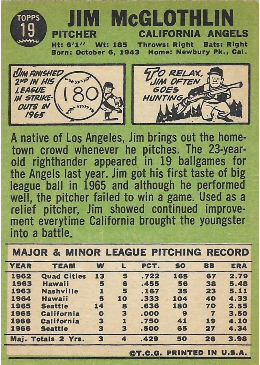 1967 Topps #19 Jim McGlothlin card back