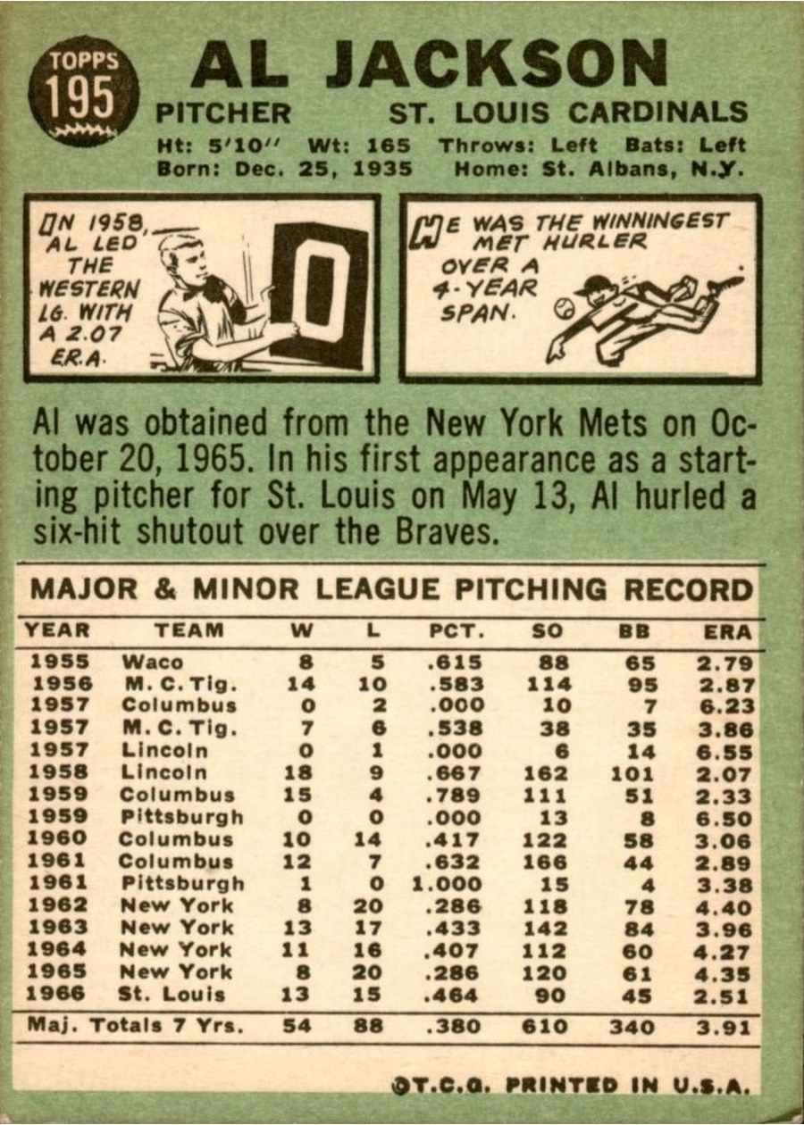 1967 Topps #195 Al Jackson card back