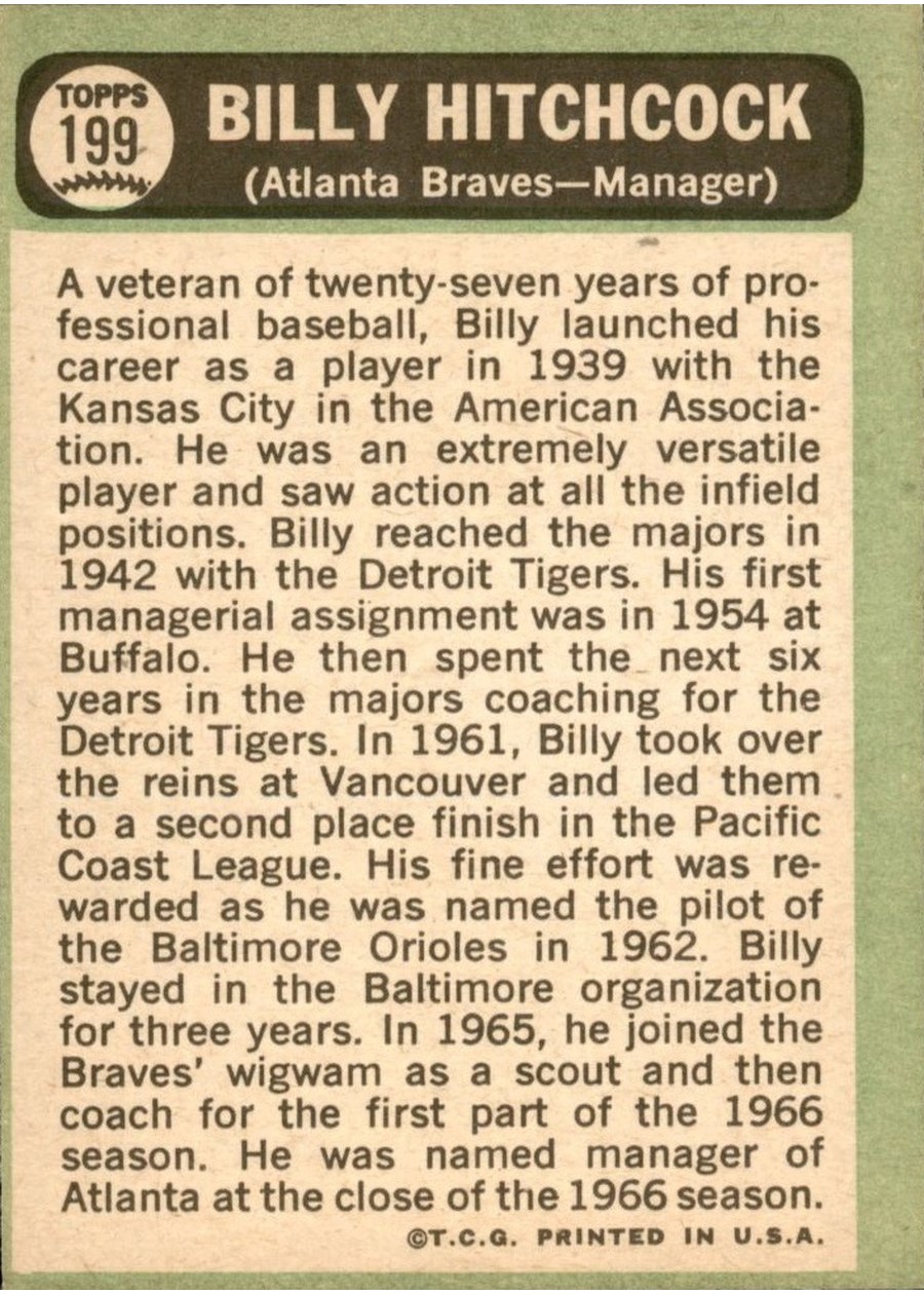1967 Topps #199 Billy Hitchcock card back