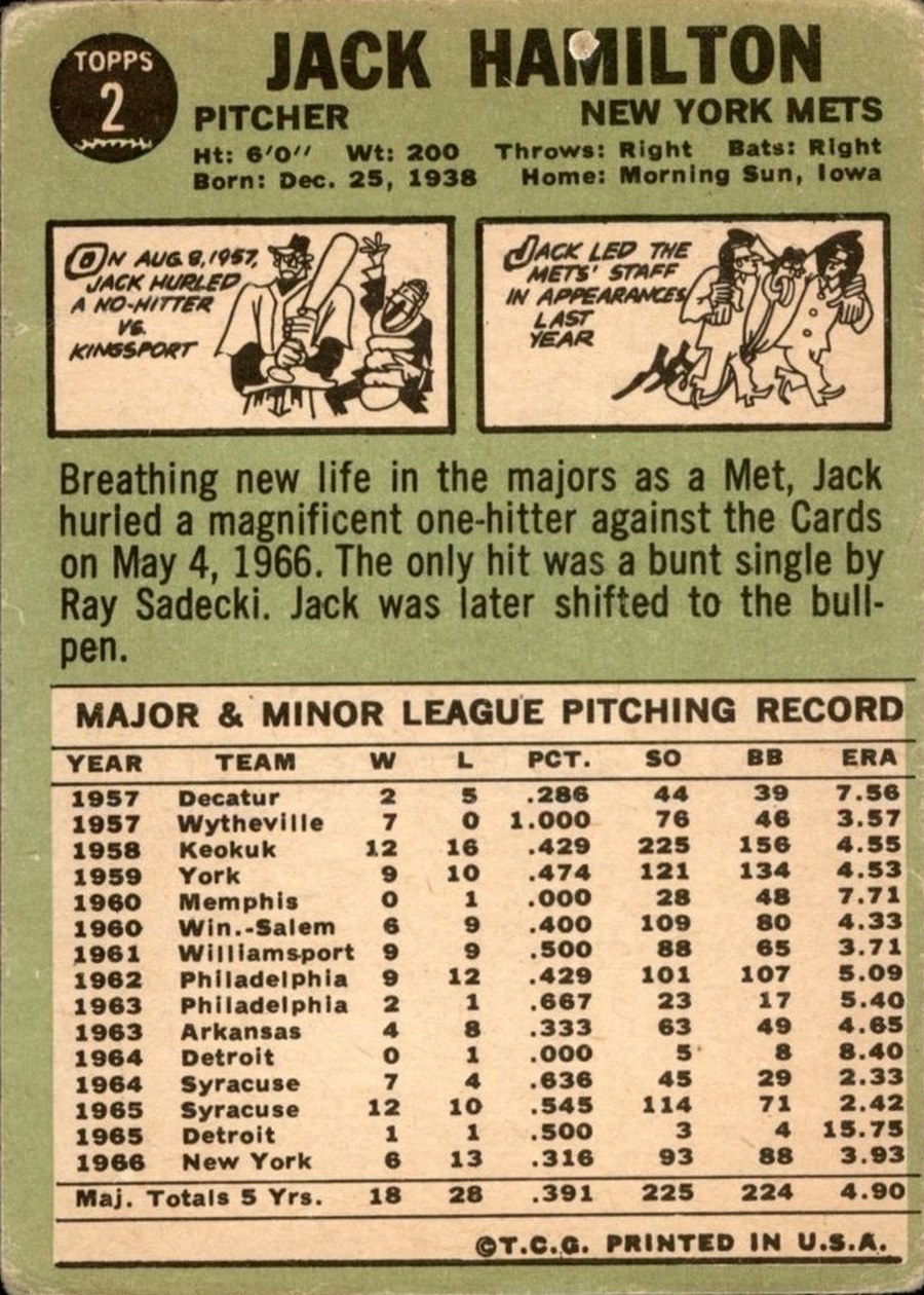 1967 Topps #2 Jack Hamilton card back