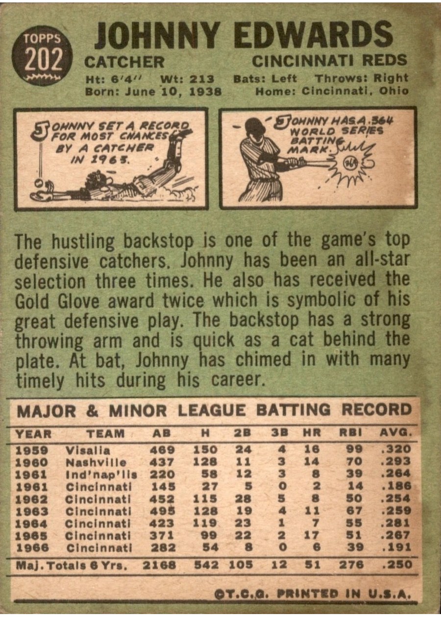 1967 Topps #202 Johnny Edwards card back