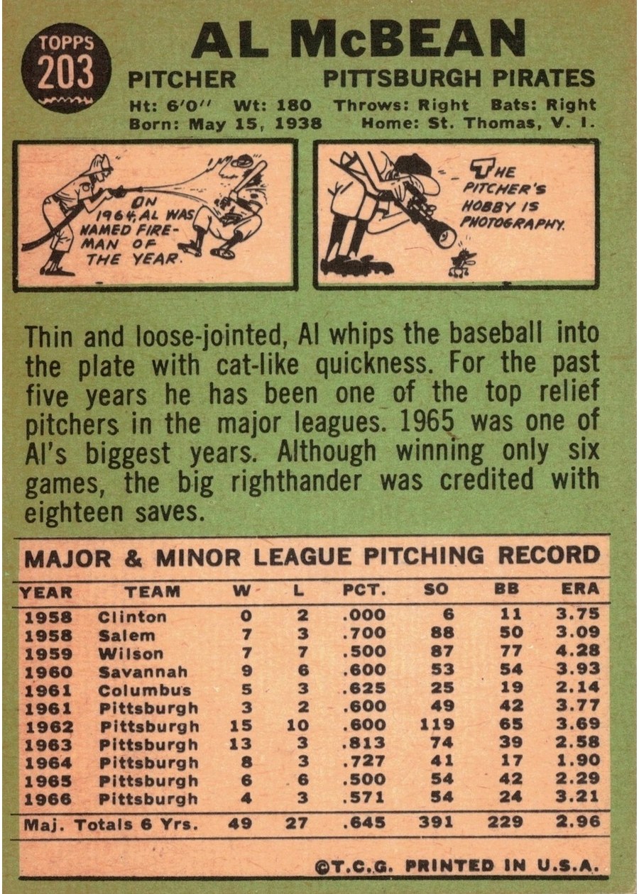 1967 Topps #203 Al McBean card back