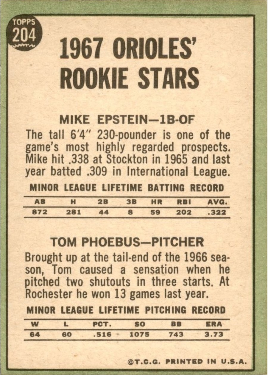 1967 Topps #204 Orioles 1967 Rookie Stars card back