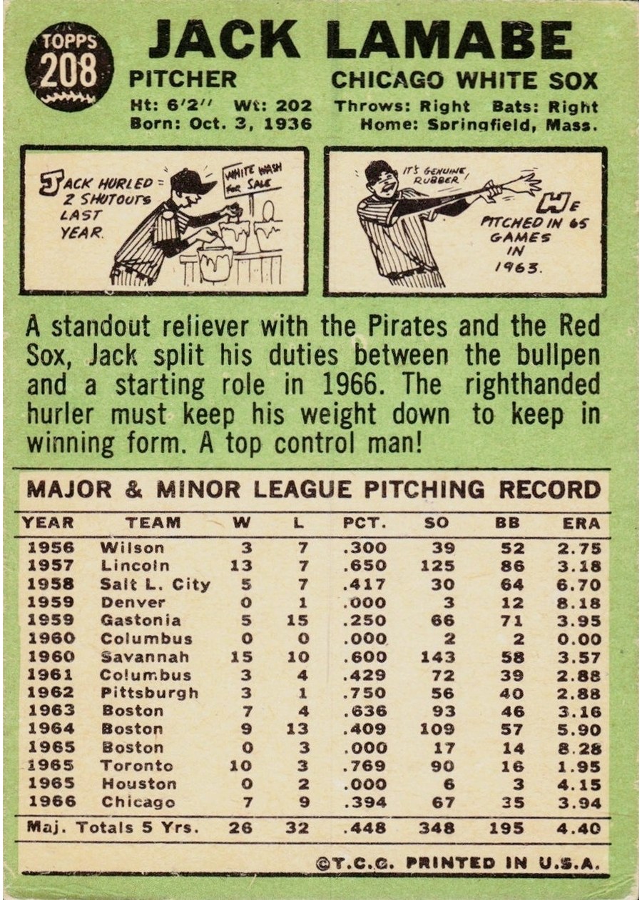 1967 Topps #208 Jack Lamabe card back