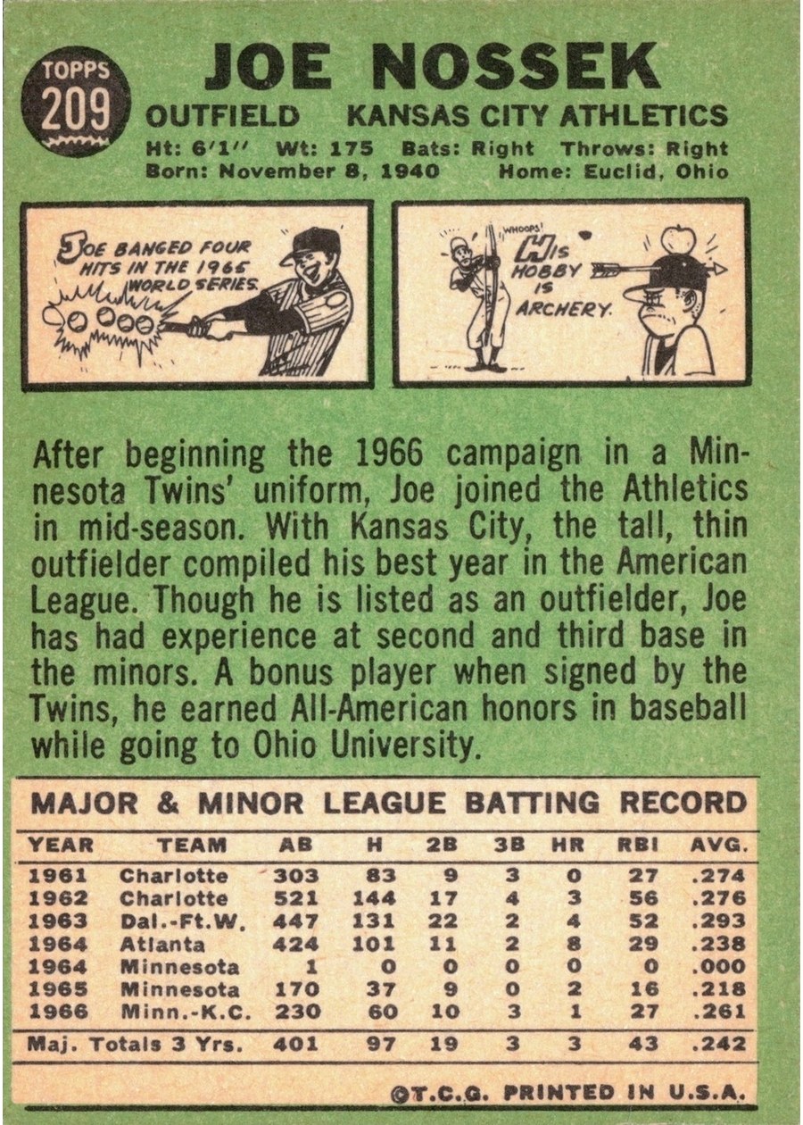 1967 Topps #209 Joe Nossek card back