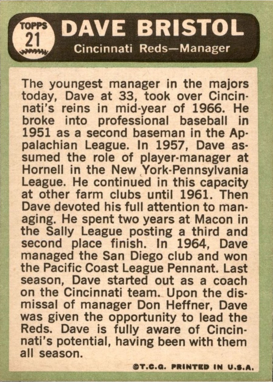 1967 Topps #21 Dave Bristol card back