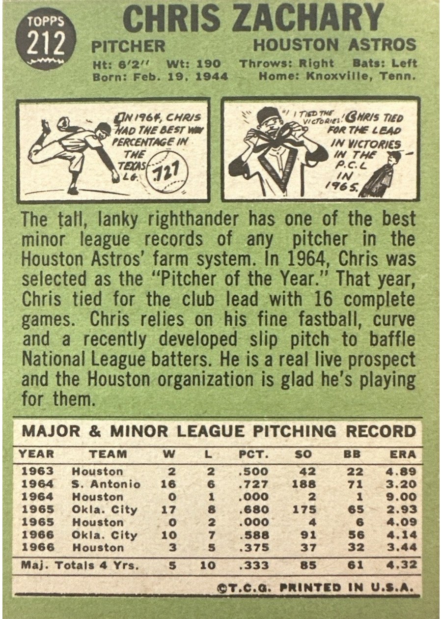 1967 Topps #212 Chris Zachary card back