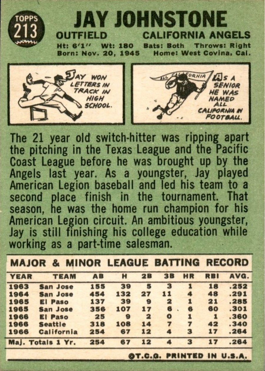 1967 Topps #213 Jay Johnstone card back