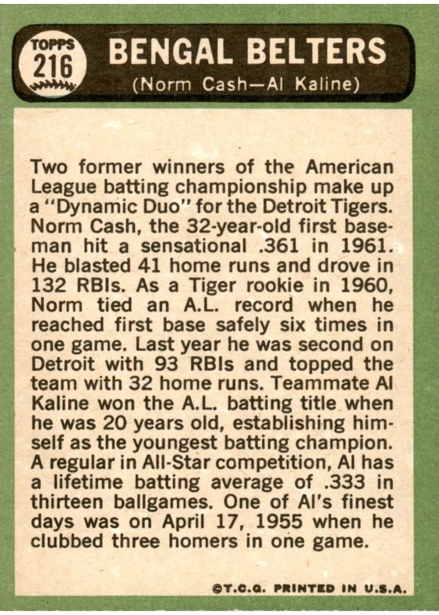 1967 Topps #216 Bengal Belters card back