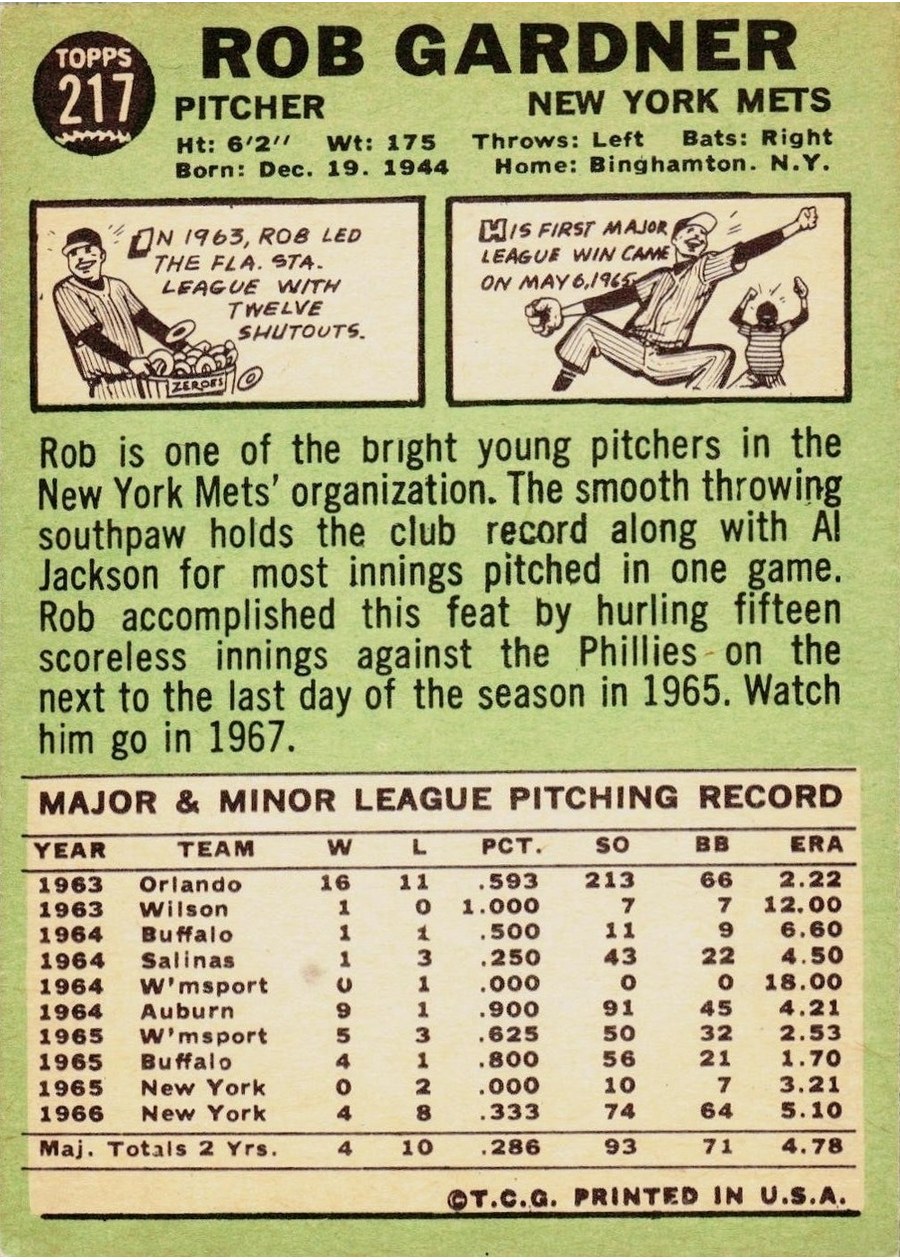 1967 Topps #217 Rob Gardner card back