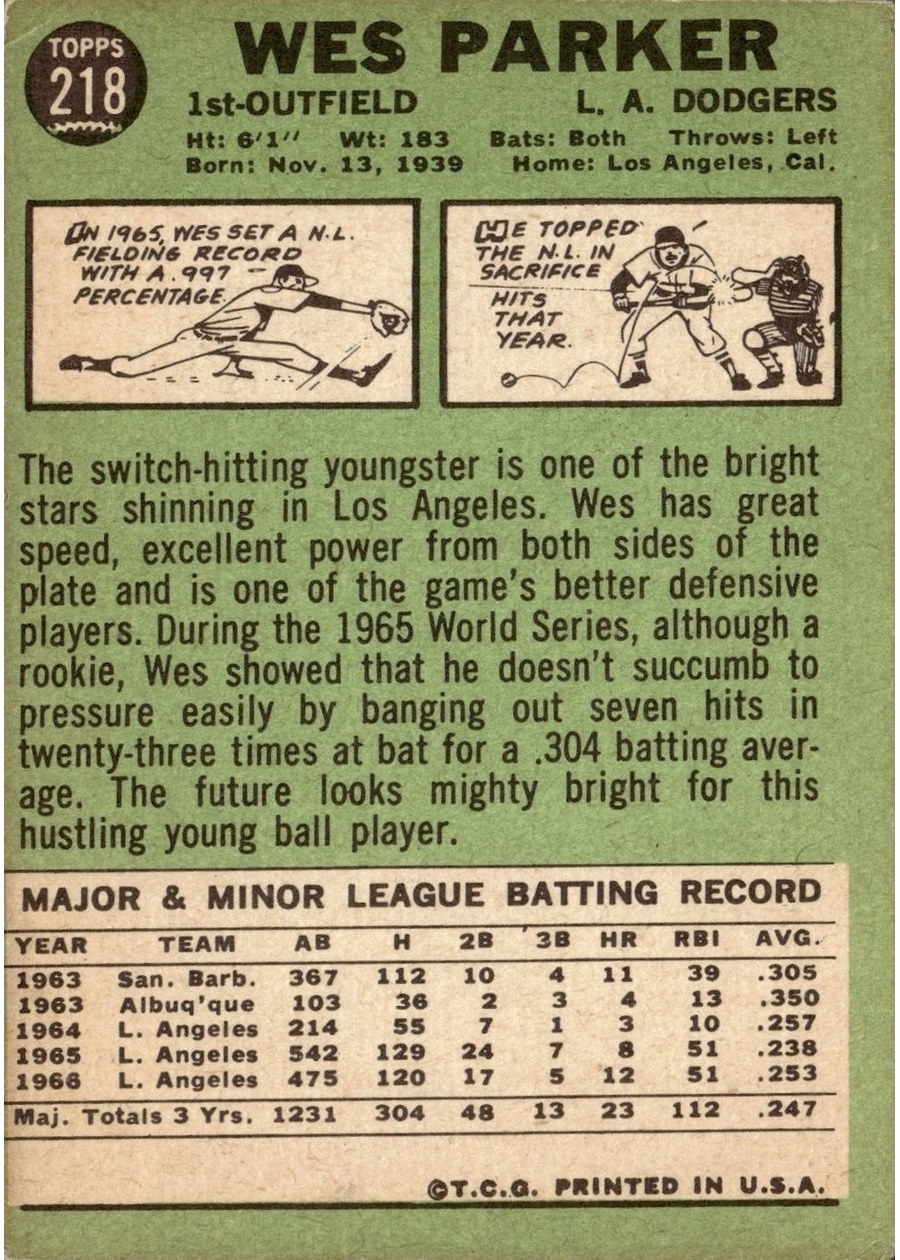 1967 Topps #218 Wes Parker card back
