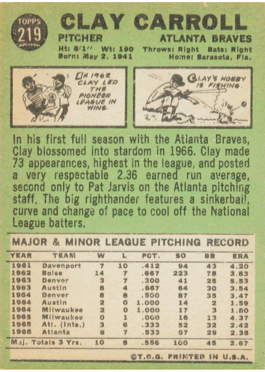 1967 Topps #219 Clay Carroll card back