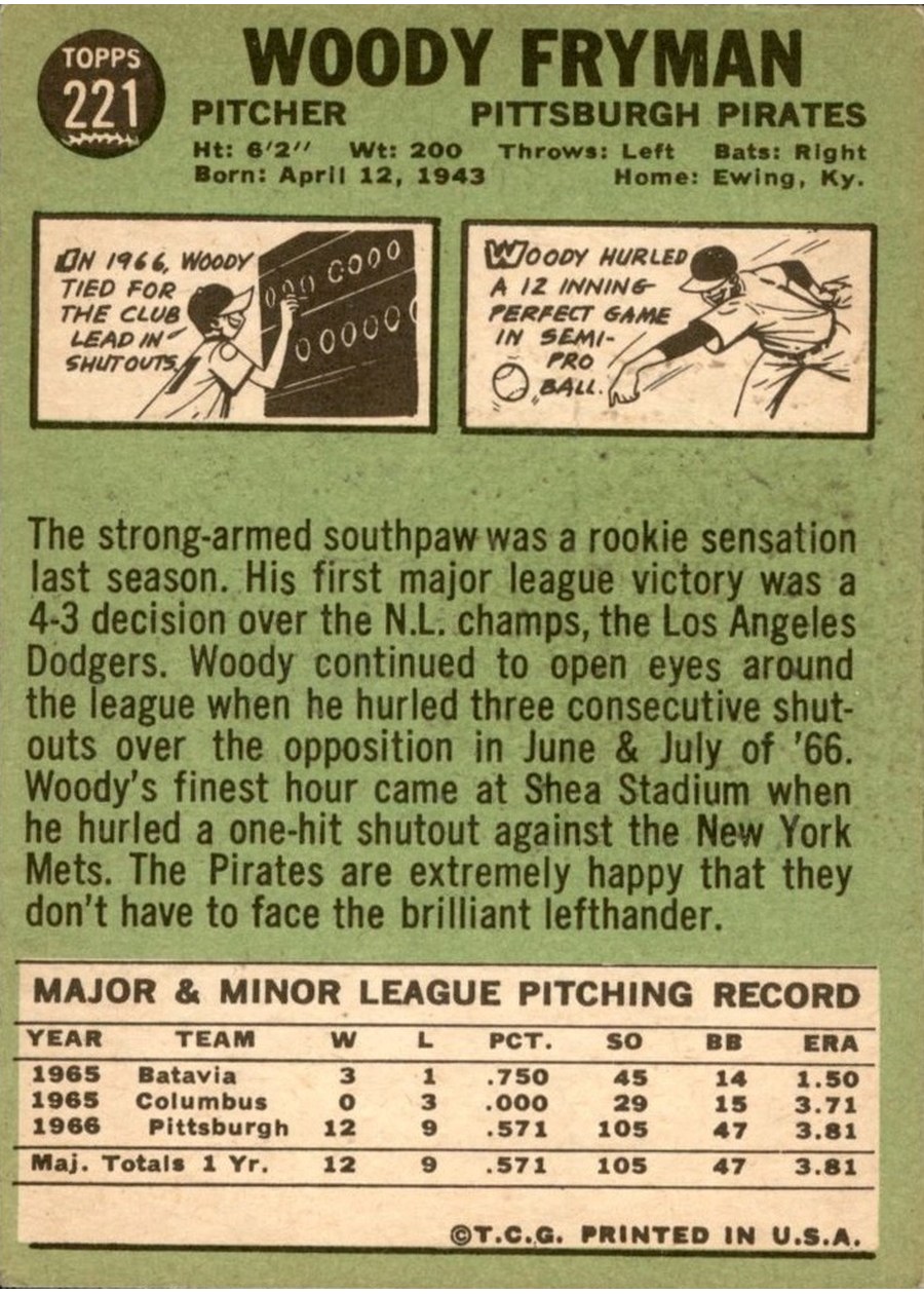 1967 Topps #221 Woody Fryman card back
