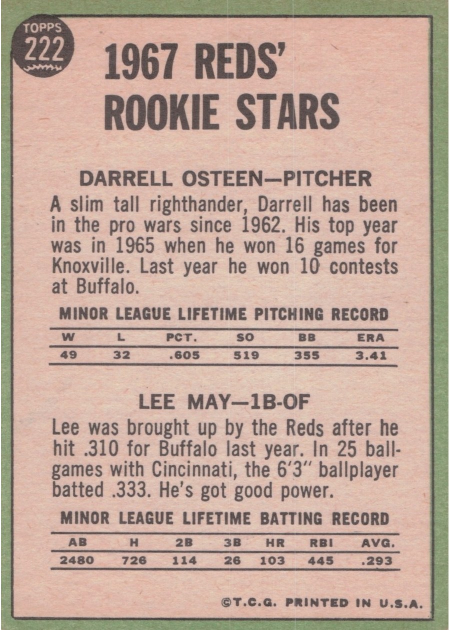 1967 Topps #222 Reds 1967 Rookie Stars card back
