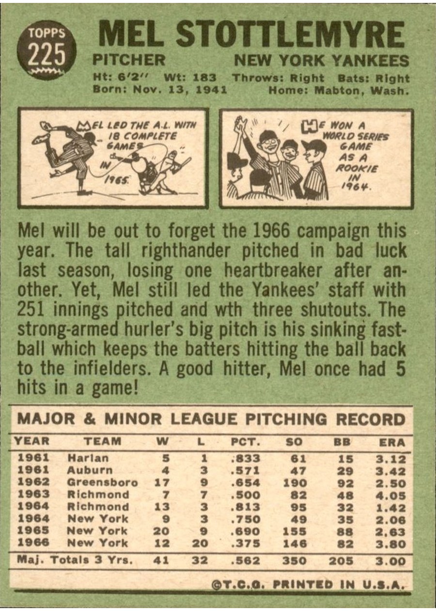 1967 Topps #225 Mel Stottlemyre card back