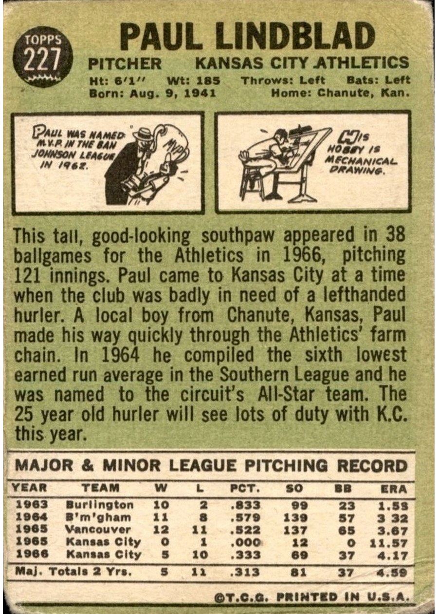 1967 Topps #227 Paul Lindblad card back