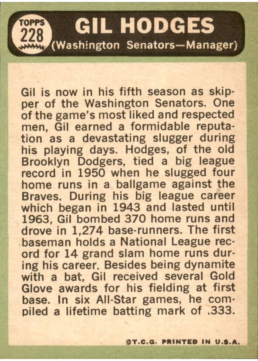 1967 Topps #228 Gil Hodges card back