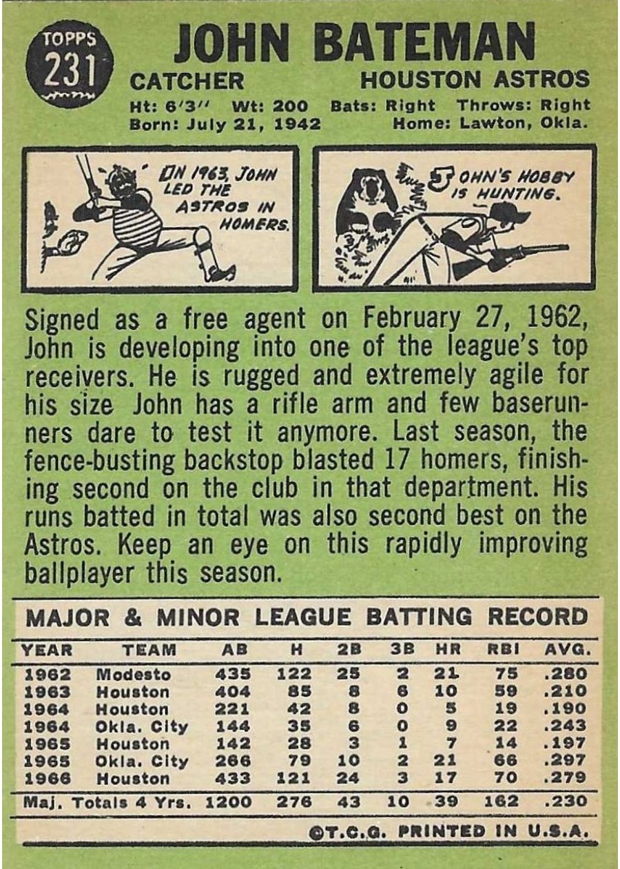 1967 Topps #231 John Bateman card back
