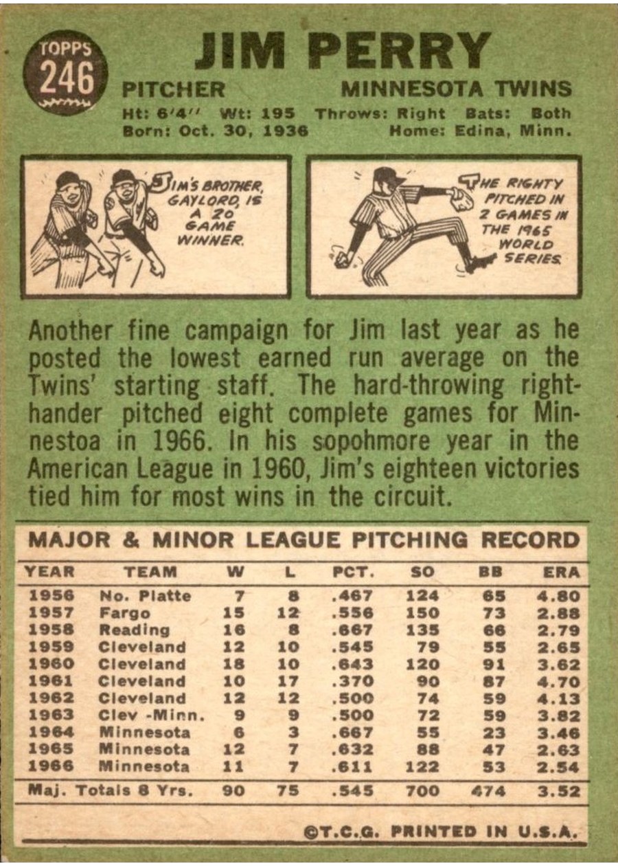 1967 Topps #246 Jim Perry card back