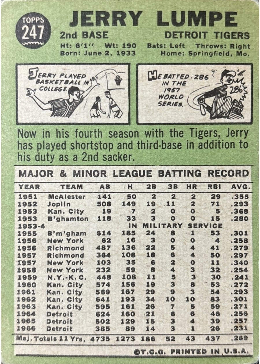 1967 Topps #247 Jerry Lumpe card back