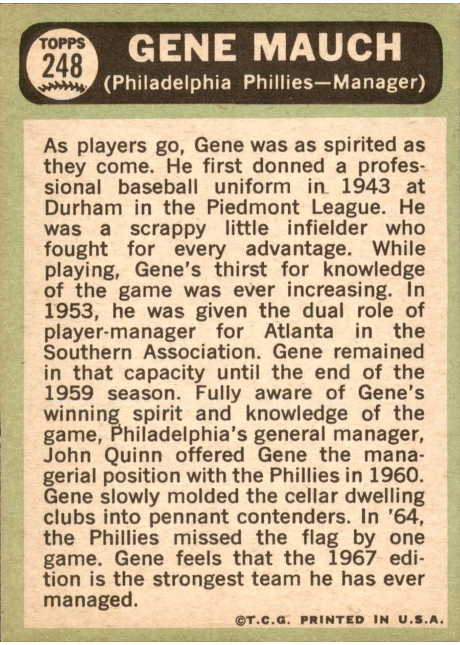 1967 Topps #248 Gene Mauch card back