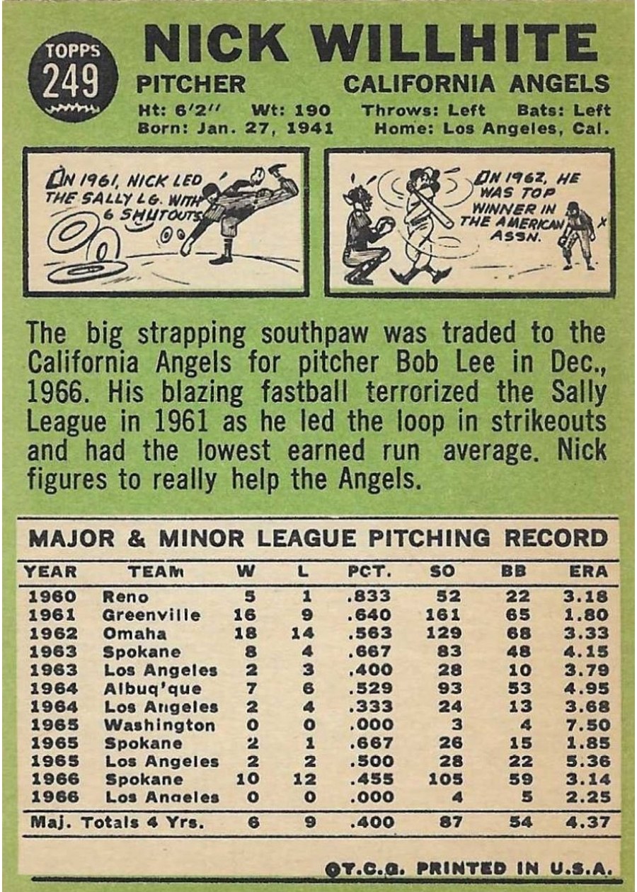 1967 Topps #249 Nick Willhite card back