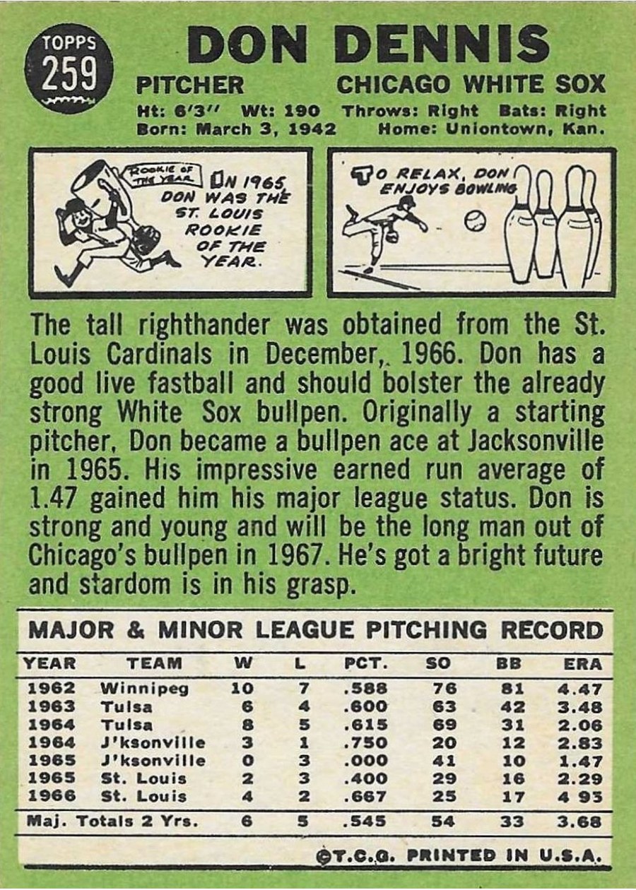 1967 Topps #259 Don Dennis card back