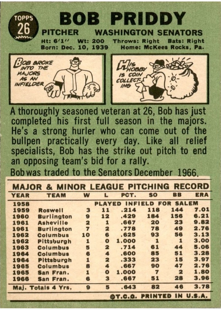1967 Topps #26 Bob Priddy card back