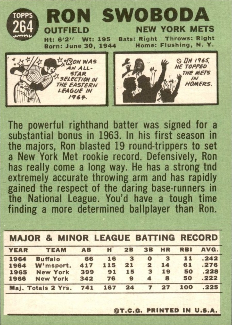 1967 Topps #264 Ron Swoboda card back