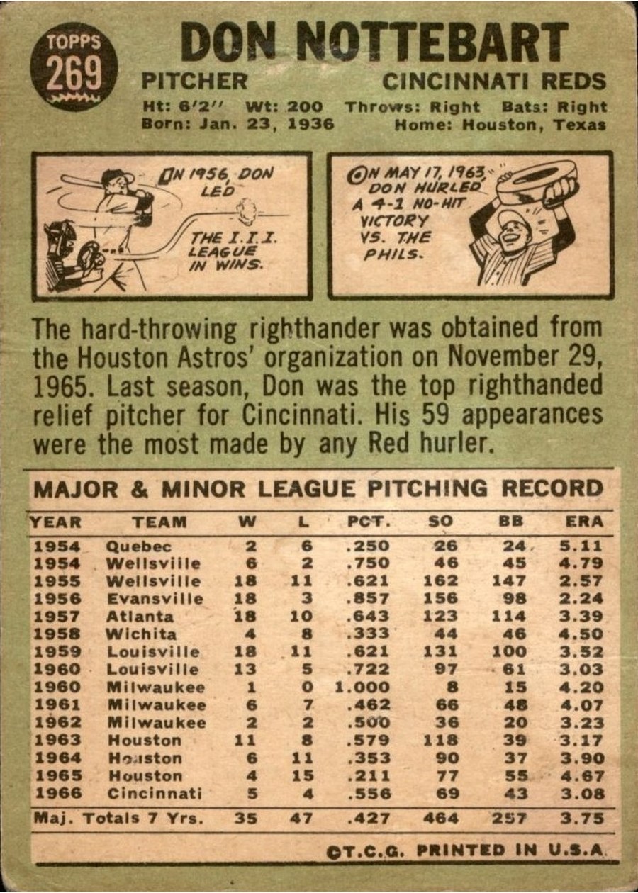 1967 Topps #269 Don Nottebart card back