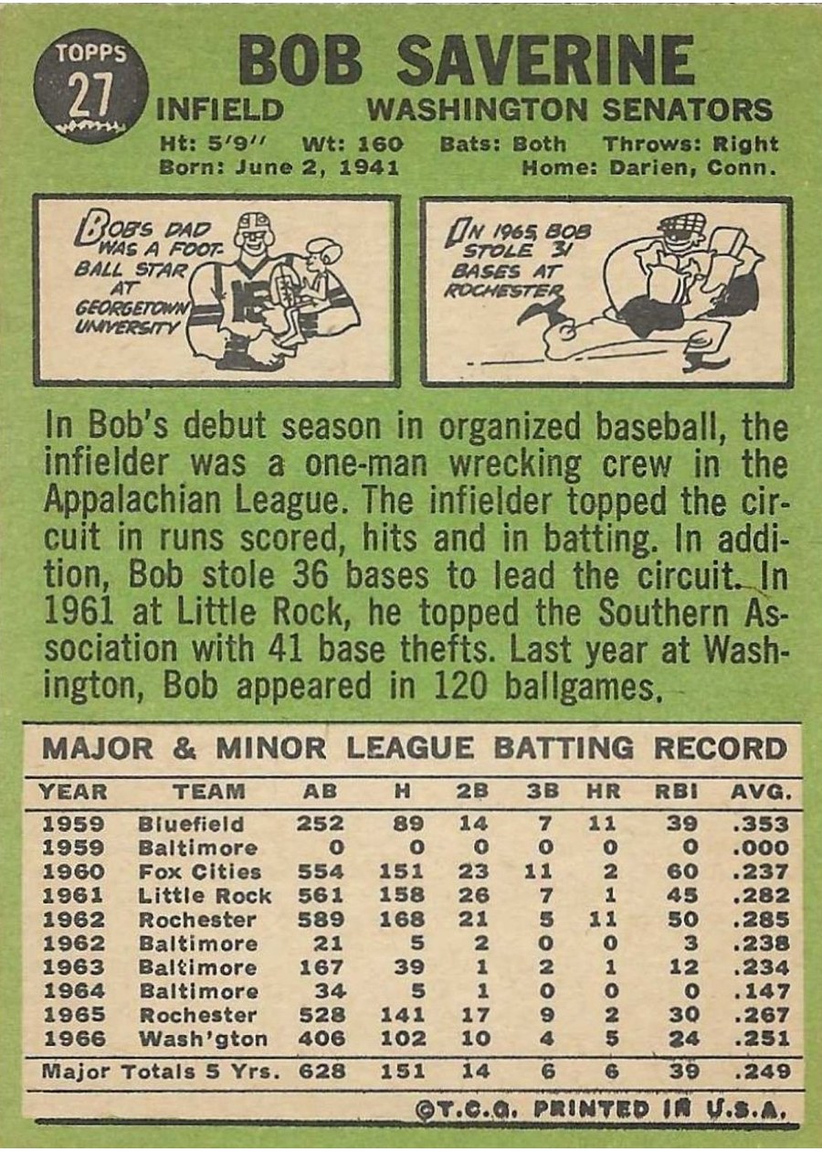 1967 Topps #27 Bob Saverine card back