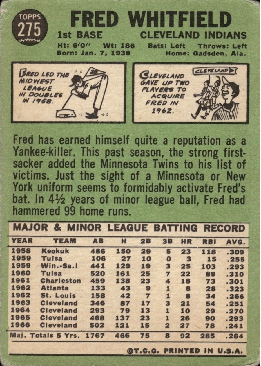 1967 Topps #275 Fred Whitfield card back