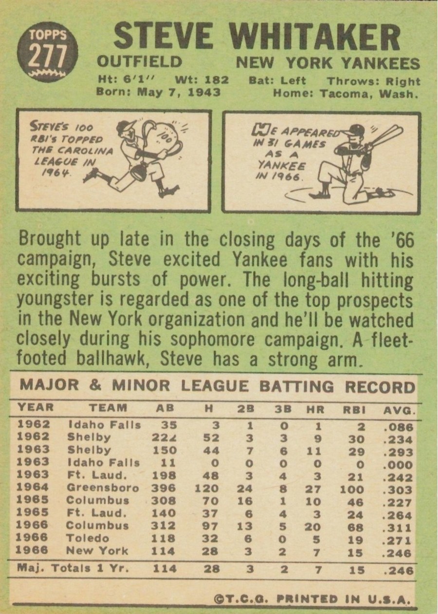 1967 Topps #277 Steve Whitaker card back