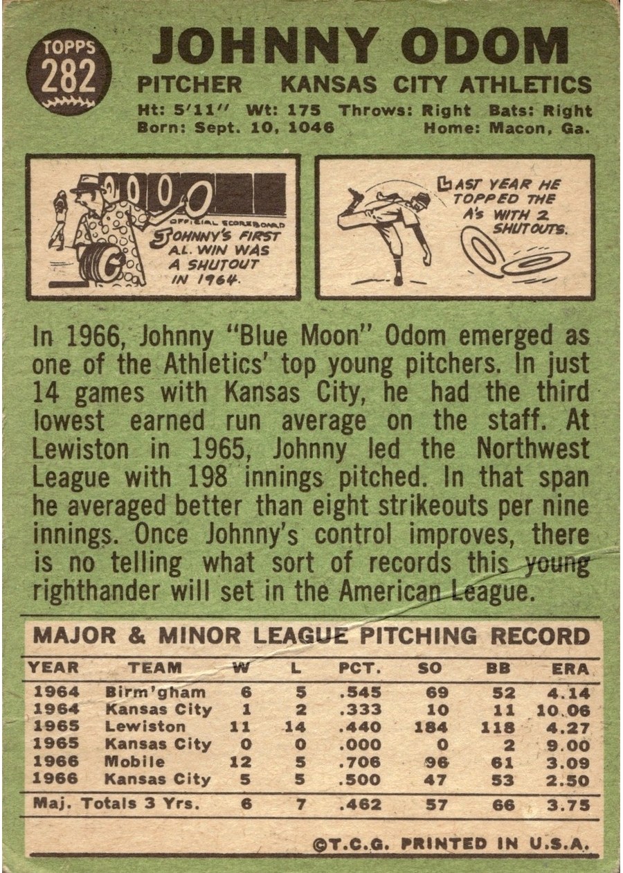 1967 Topps #282 Johnny Odom card back