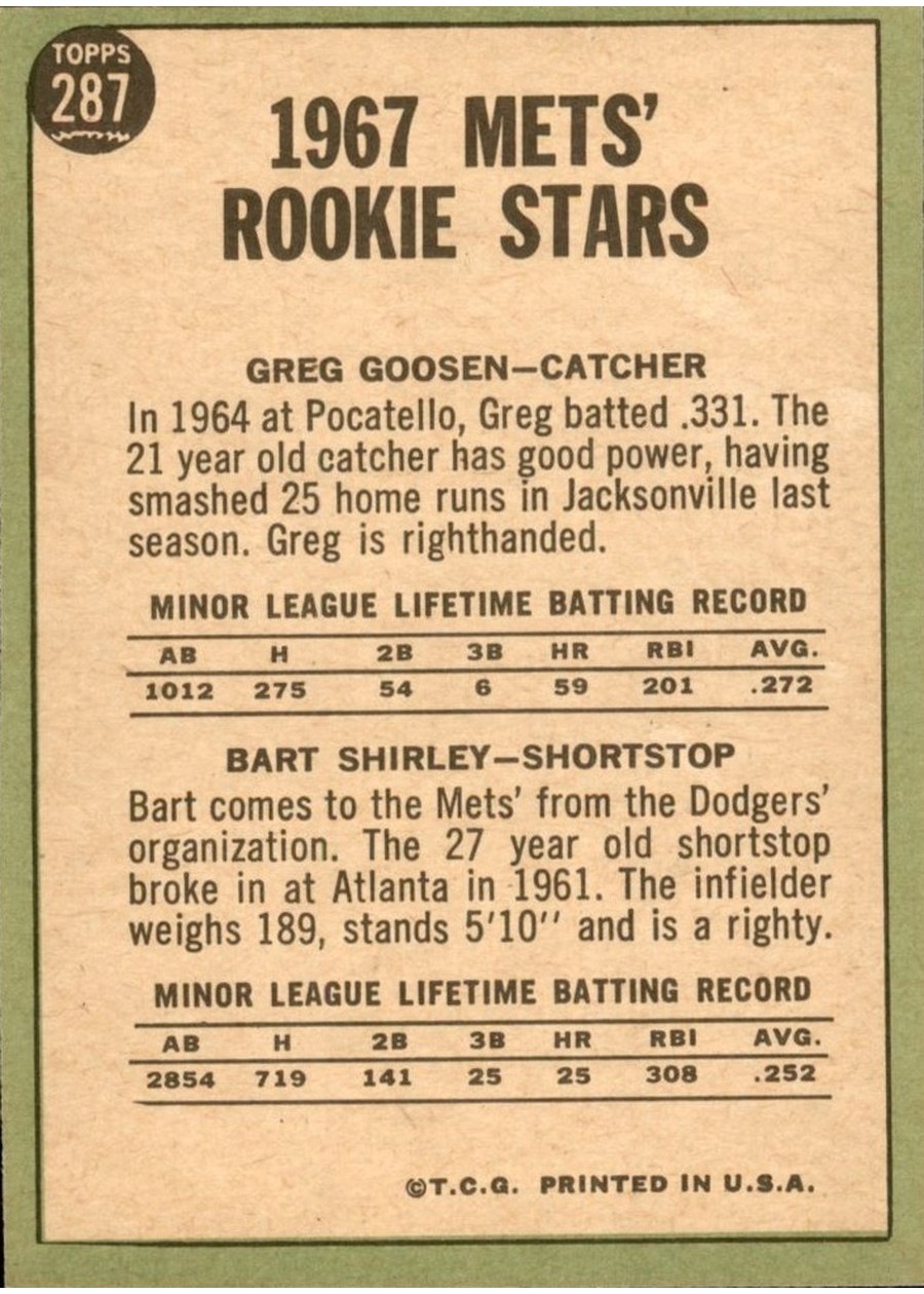 1967 Topps #287 Mets 1967 Rookie Stars card back