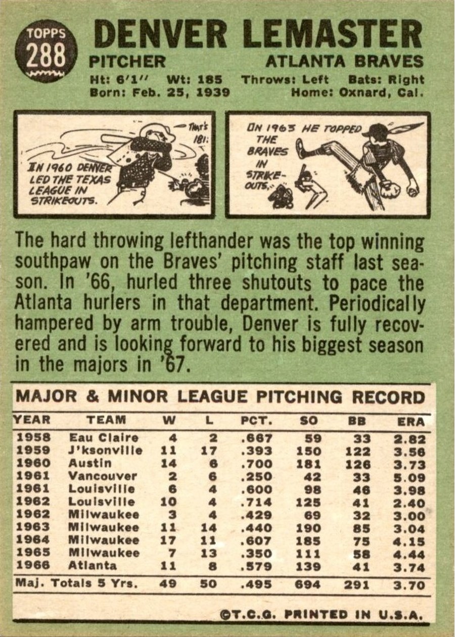 1967 Topps #288 Denver Lemaster card back
