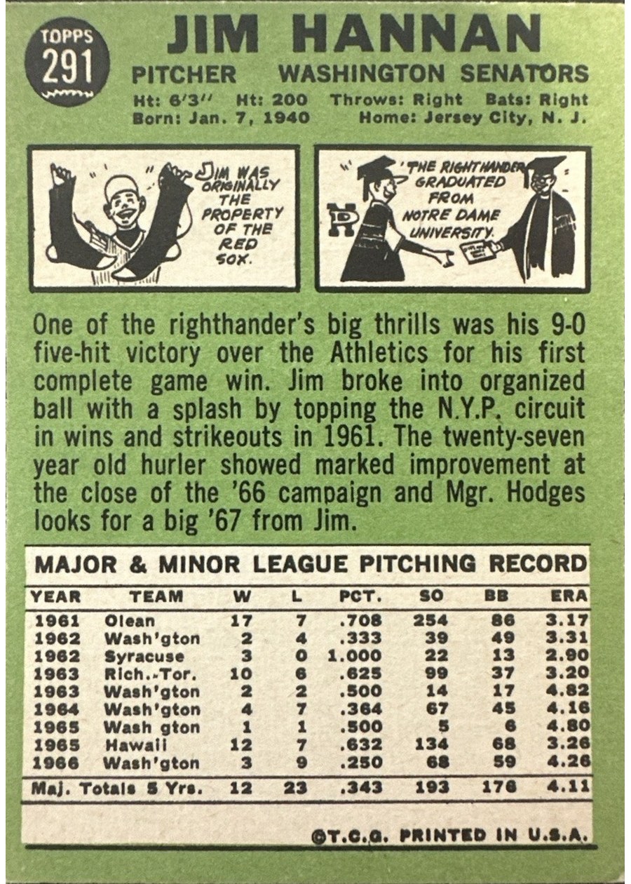 1967 Topps #291 Jim Hannan card back