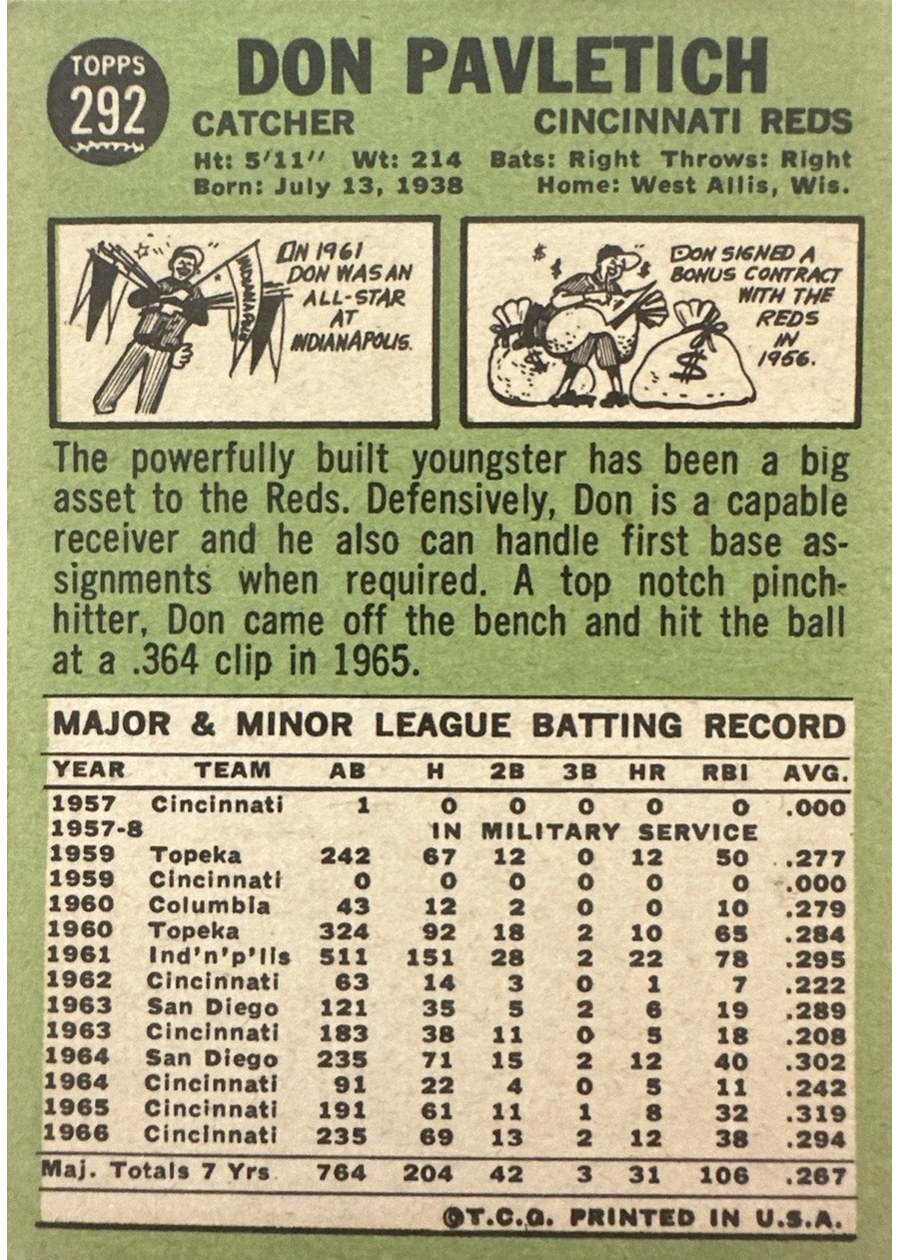 1967 Topps #292 Don Pavletich card back