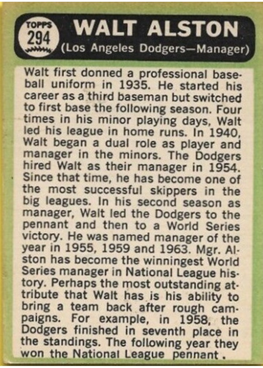 1967 Topps #294 Walt Alston card back